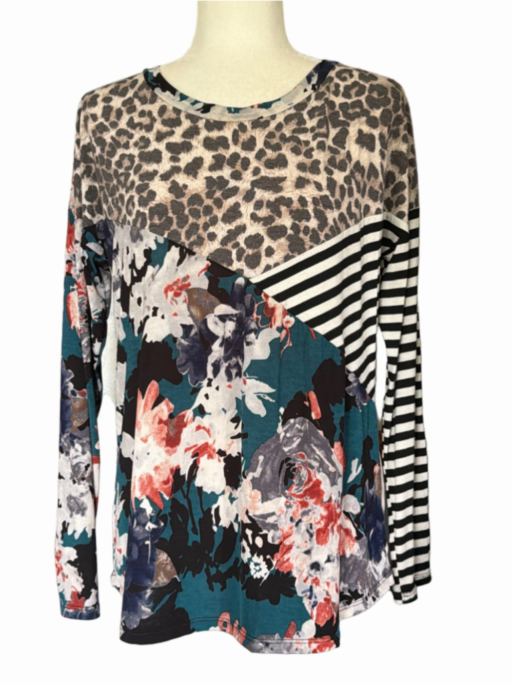 Women's Sew In Love Long Sleeve Tee Size S Teal Black Floral Leopard Stripe
